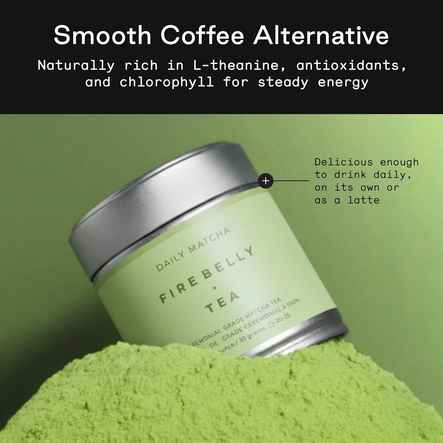 Firebelly Tea Daily Matcha Powder, Ceremonial Grade Matcha from Japan, Premium Stone-Milled Japanese Green Tea Powder, Smooth Balanced Energy, 1.06 oz