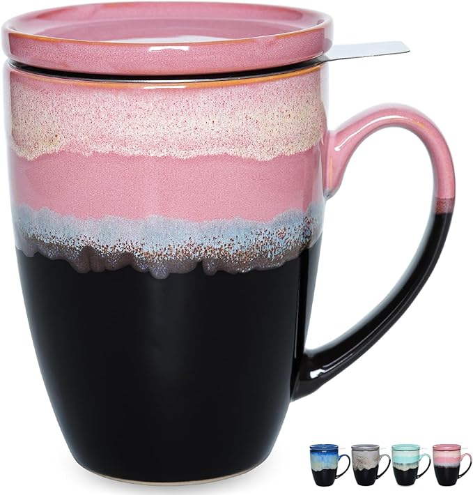 Bosmarlin Ceramic Tea Cup with Infuser and Lid, 13.5 Oz, 4 Colors to Choose, Dishwasher and Microwav