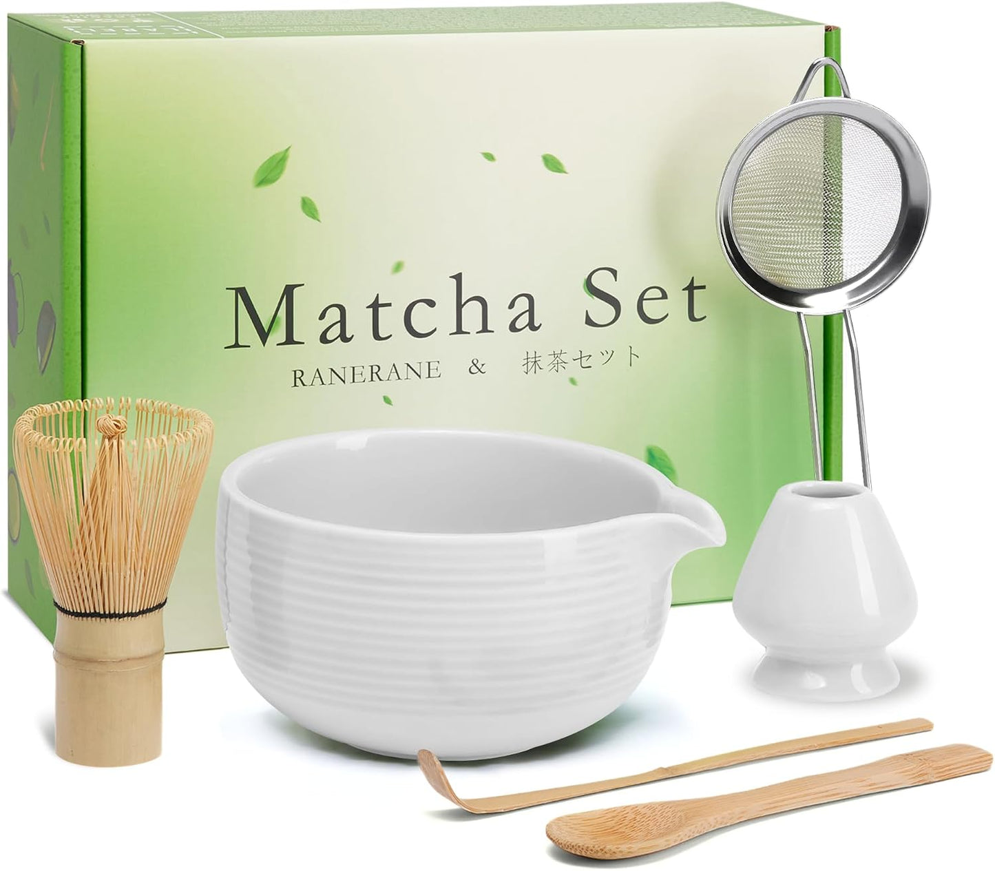 Matcha Whisk Set Matcha Bowl with Spout,Matcha Whisk with Matcha Whisk Holder,Matcha Sifter,Matcha Spoon and Scoop for Matcha Maker White, Normal, ZYMC-6Pcs01-White