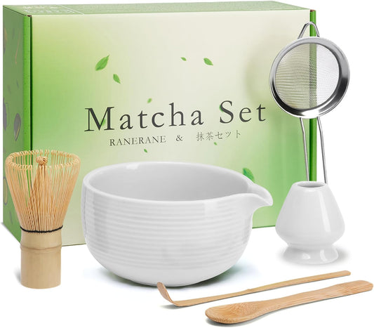 Matcha Whisk Set Matcha Bowl with Spout,Matcha Whisk with Matcha Whisk Holder,Matcha Sifter,Matcha Spoon and Scoop for Matcha Maker White, Normal, ZYMC-6Pcs01-White