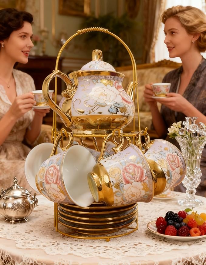 CHANJOON Gold Plated Red Rose Ceramic Tea Set, Vintage Tea Sets with Teapot, Beautiful Tea Set Coffee Serving 6 People (Purple, X Large)
