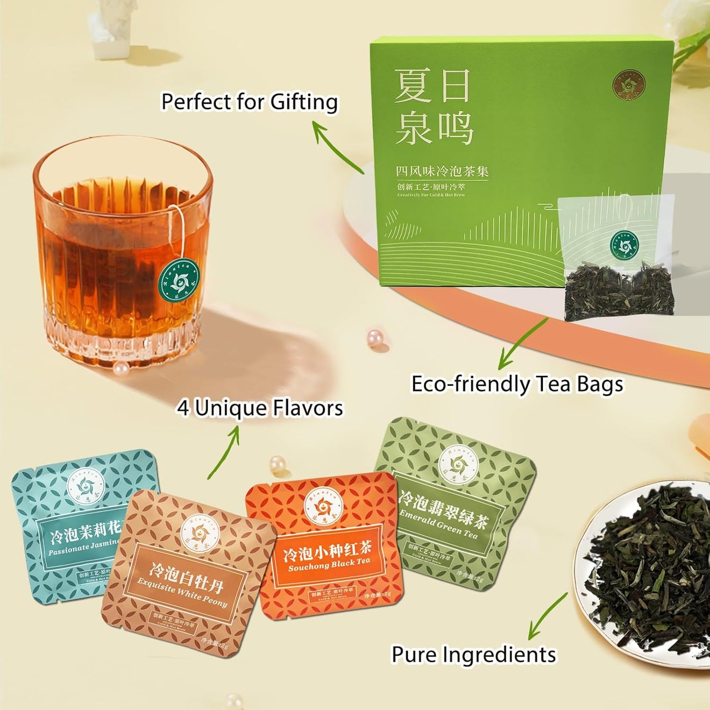 Rinatea Premium Cold Brew Tea Bags - 4 Flavor Variety Pack | 100% Natural Loose Leaf Tea | Perfect Iced Tea Gift Set for Refreshing & Delicious Taste（20 counts)