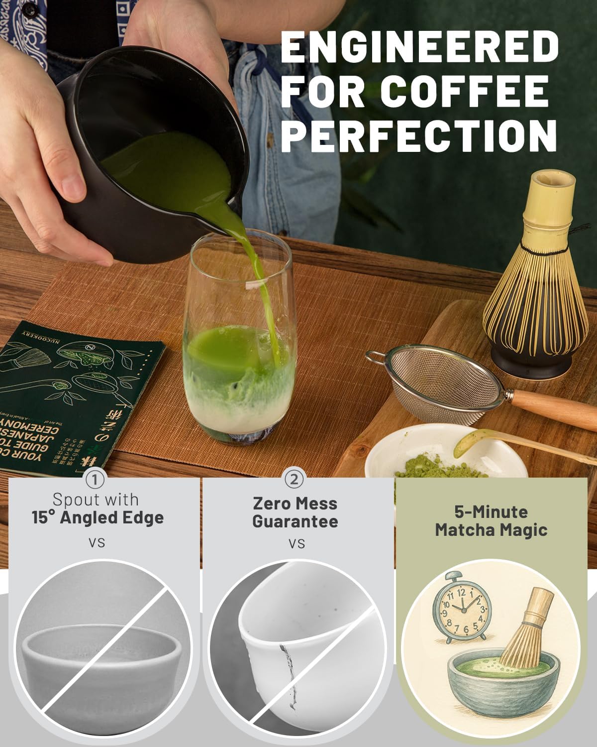 Nucookery Matcha Set with 18oz Ceramic Bowl Bamboo Whisk Kit 5pcs, Black | cute japanese matcha whisk set with spout chawan, chasen, scoop, sifter holder for beginners, tea lovers, starter tools, Gift