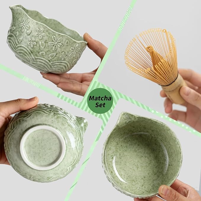 Matcha Whisk Set - 6 Pcs Matcha Set，Handcrafted Bamboo Chasen & Ceramic Bowl Matcha Kit,with Stainless Steel Sifter, Bamboo Scoop & Holder for Matcha Tea Ceremony (Mottled Green)