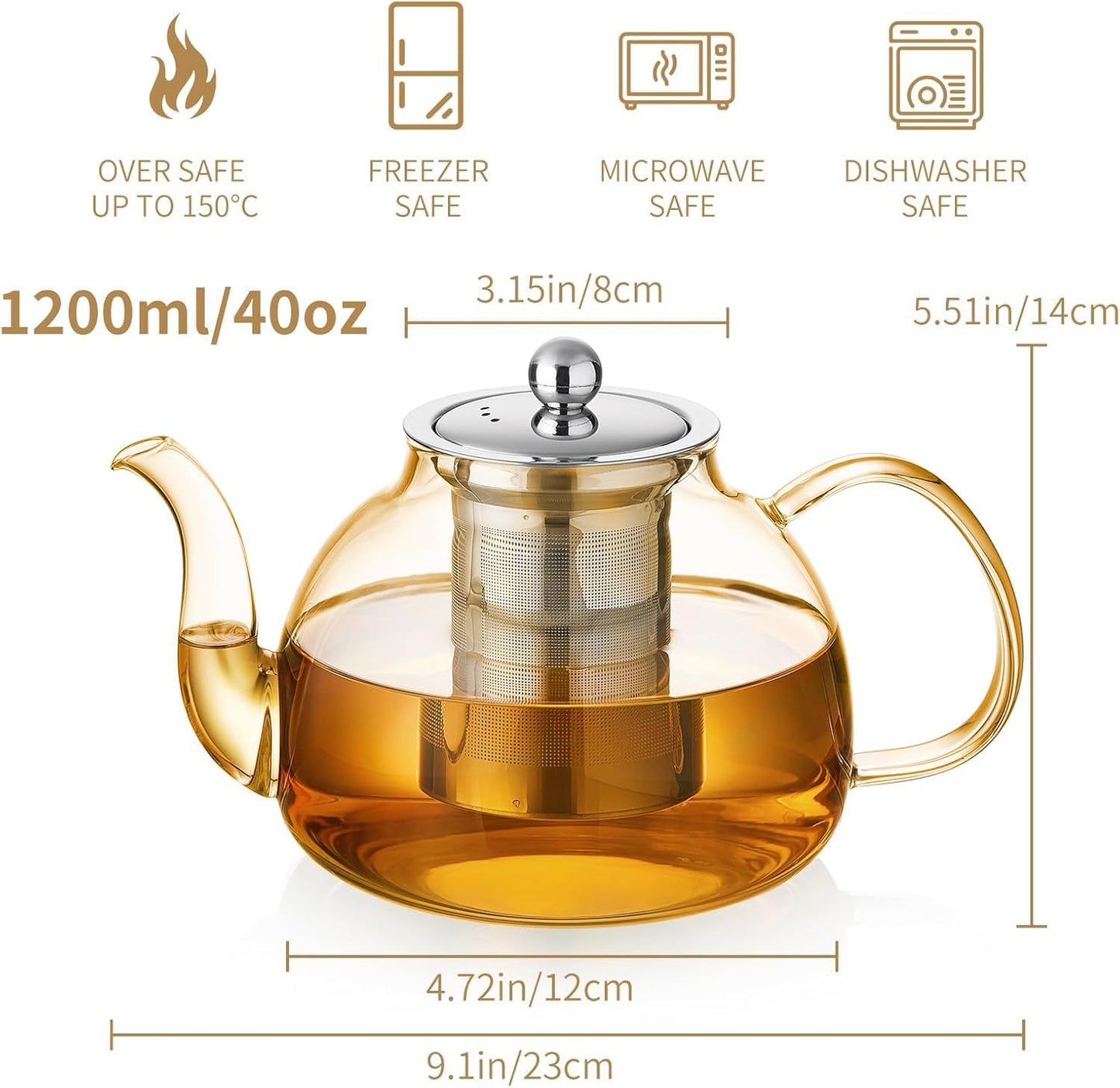 DOPUDO Glass Teapot with Infuser, 40 oz Borosilicate Tea Kettle | Clear borosilicate glass with removable 18/8 steel infuser for stovetop brewing of loose-leaf, herbal, and blooming tea.