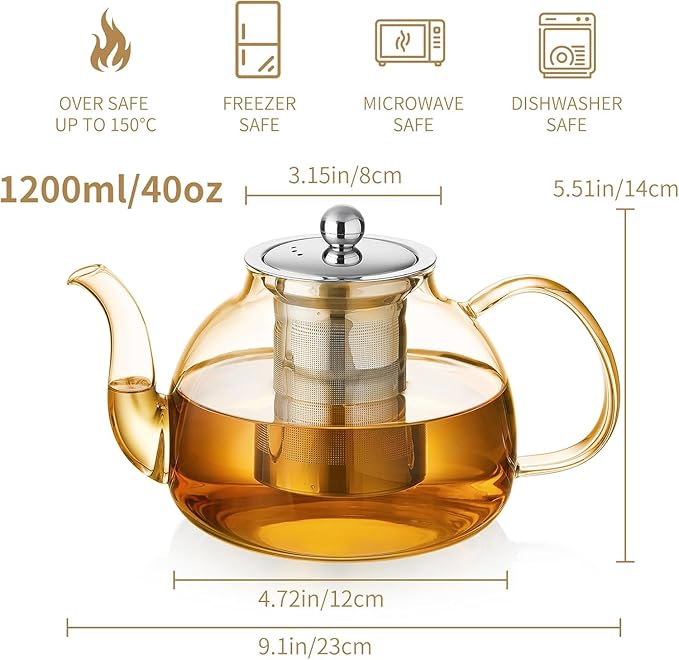 40OZ (1200ML) Glass Teapot with Infuser Stovetop Safe, Clear Glass Tea Pot Kettle, Borosilicate Tea Pot with Infusers Filter for Loose Tea