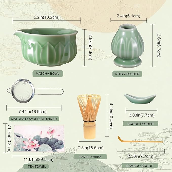 ZentButCool Matcha Set Includes Ceramic Matcha Bowl, Bamboo Whisk (Chasen), Scoop, Stainless Steel Matcha Sifter, And Whisk Holder (White)