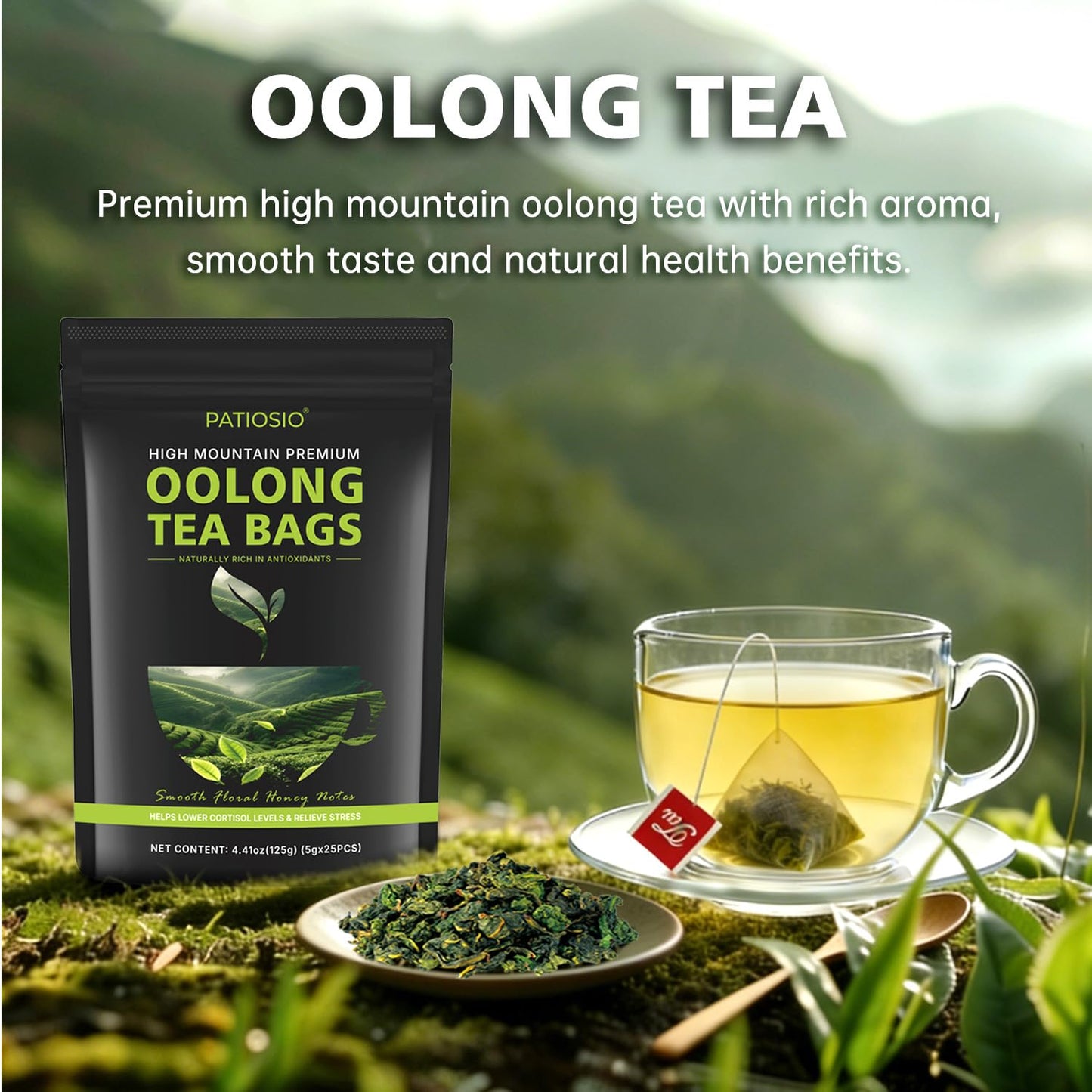 Oolong Tea Bags – Yunnan High-Mountain Oolong Whole Leaf Tea Bags, 25 Bags (5g Each) – Premium Loose Leaf Oolong Tea - Helps Lower Cortisol Levels & Relieve Stress –Smooth Aroma, Non-GMO