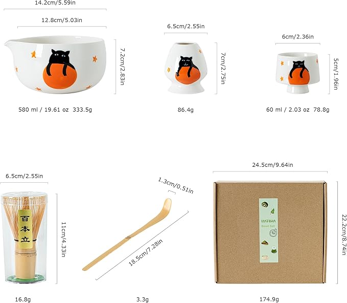 Matcha Set -Cute Cat Matcha Bowl Set with Whisk, Scoop, Whisk Holder & 2 Cups, 6 Pcs Authentic Matcha Tea Ceremony Kit, Great Gift for Tea Lovers