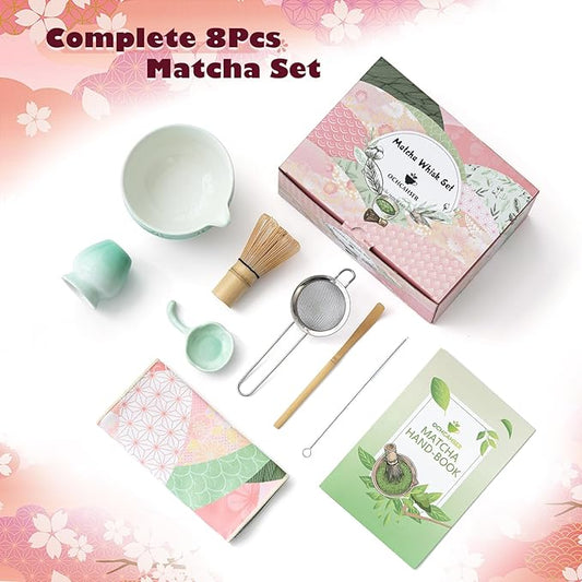 Matcha Tea Set, 8 Pcs Japanese Matcha Kit with Cherry Blossom and Wave Design Ceramic Bowl, Bamboo Whisk, Whisk Holder, Scoop, Sifter, Brush, Matcha Kit Set for Matcha Lovers (Green Gradient)