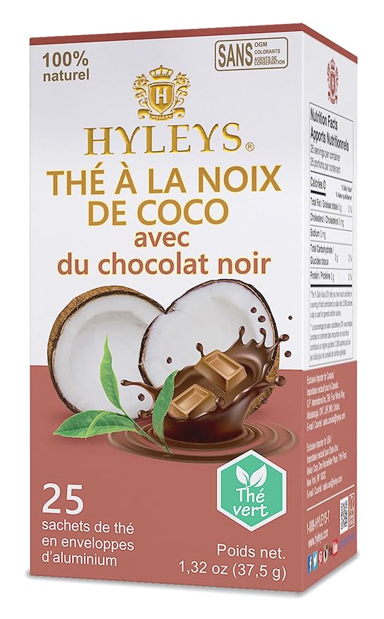 Hyleys Wellness Natural Coconut Tea With Dark Chocolate - 25 Tea Bags (Gmo Free, Gluten Free, Dairy Free, Sugar Free & 100% Natural)