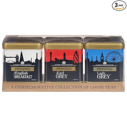 Twinings London Skyline Red, White, & Blue Commemorative Collection of Loose Leaf Teas, Limited Edition Gift Set, 100g Tins (Pack of 3), Original English Breakfast, The Earl Grey, & Lady Grey Tins