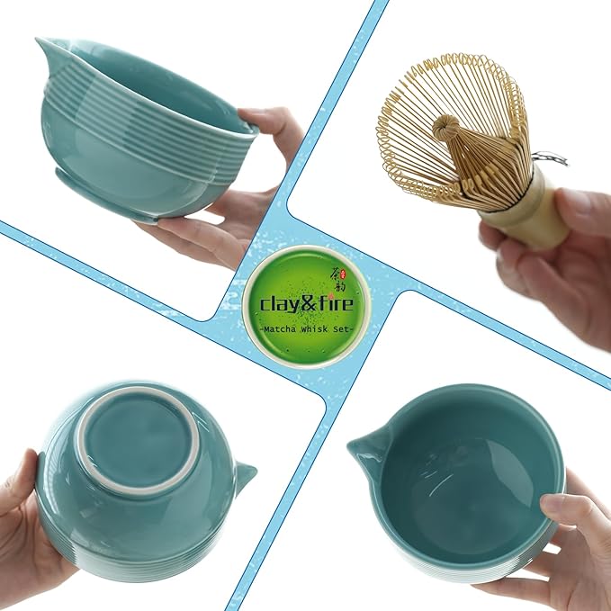 Clay&Fire Matcha Whisk Set, Ceramic Matcha Set, Matcha Bowl with Spout and Whisk, 9 pcs Matcha Tea Kit for Matcha Lovers, Ideal Gift Christmas