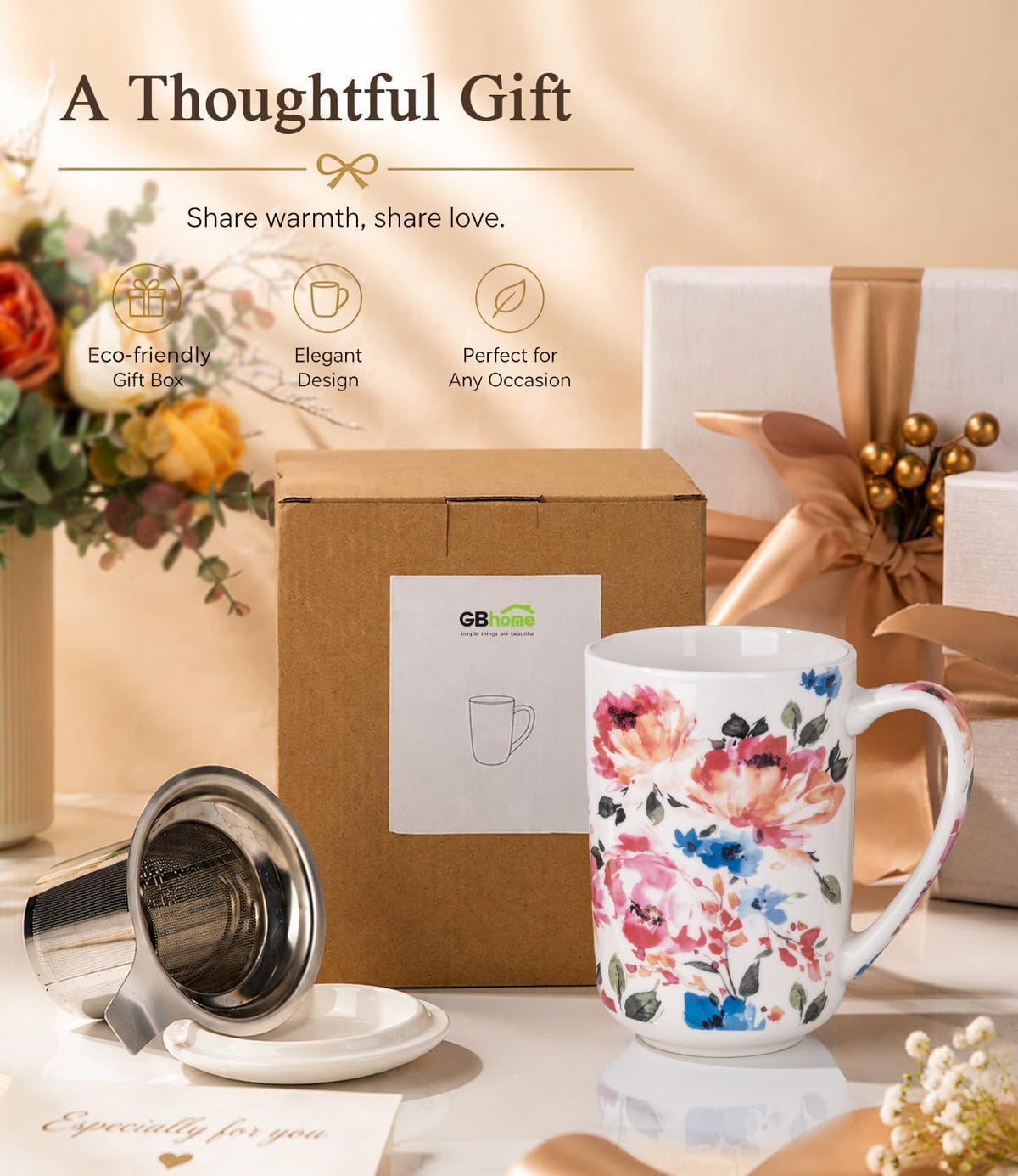 GBhome Tea Mug with Infuser and Lid,18 oz Loose Leaf Tea Cup with Steeper