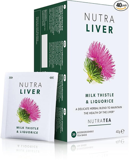 NUTRALIVER - Liver Detox & Cleanse Tea - Milk Thistle, Turmeric & Fennel - 40 Enveloped Tea Bags - Herbal Tea - 2 Pack