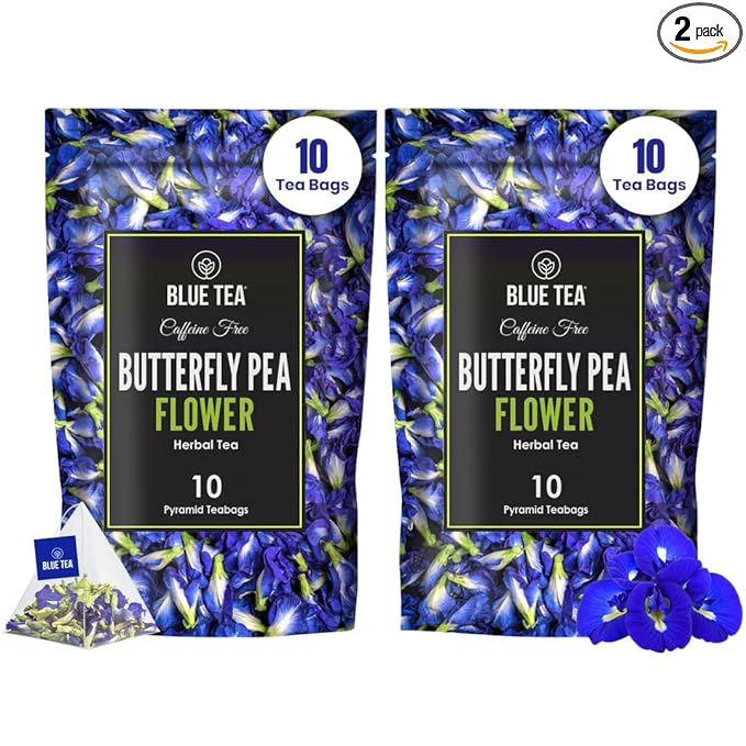 BLUE TEA - Butterfly Pea Flower Tea - 10 Count (Pack of 2) - Pyramid Plant Based Tea Bag | Black Deals Friday 2025 | ANTIOXIDANT RICH | Caffeine Free - Detox Tea - Flower Based - Herbal Tea - Non Bitter | Zipper Pack