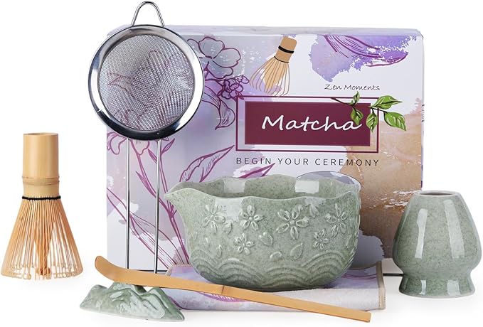 Japanese Matcha Whisk Set - Matcha Making Kit with Ceramic Bowl Bamboo Whisk (Chasen) Sifter & Holde