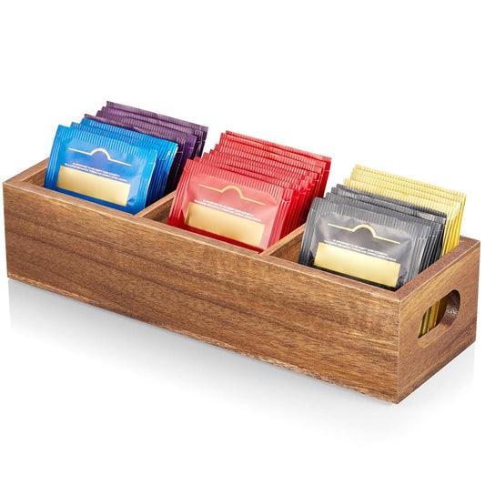 Drastar Tea Bag Organizer, Acacia Tea Bag Holder, Tea Storage Containers with 3 Slots, Wooden Tea Storage Accessories