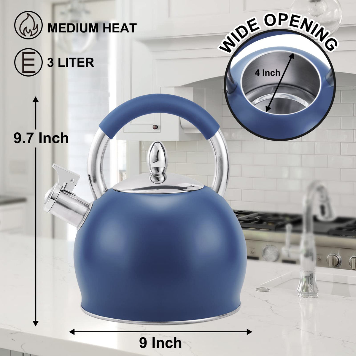 HRHongRui Whistling Tea Kettle for Stove Top Stainless Steel Tea Pot with Ergonomic Silicone Handle Teapot for Stovetop 3.2