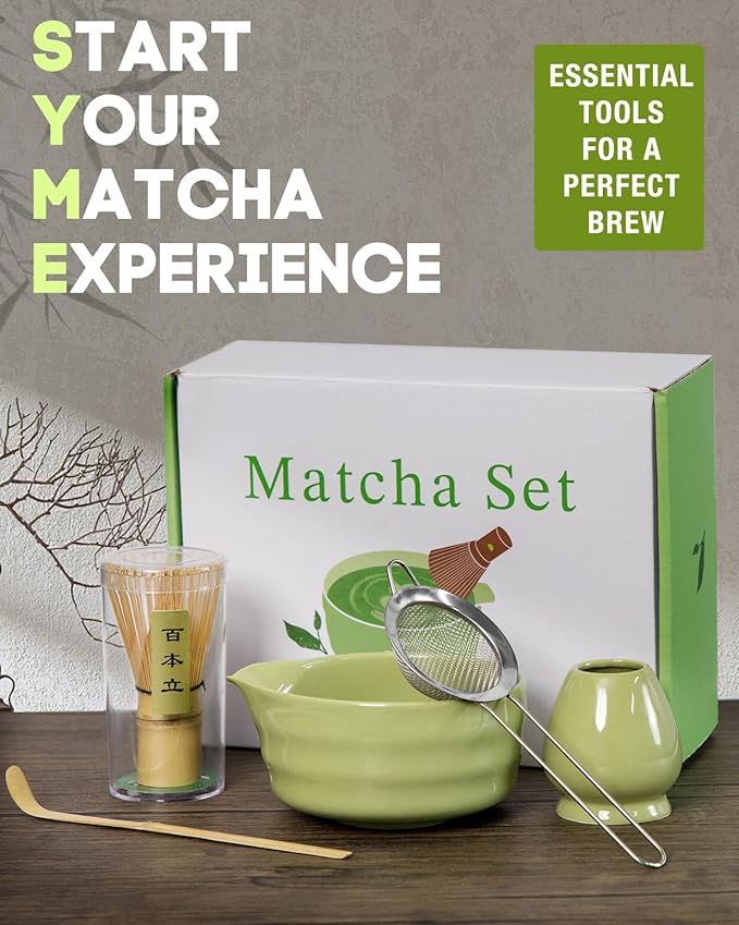 Matcha Whisk Set - 5PCS Matcha Set Includes 17OZ Chawan with Spout, Bamboo Chasen Whisk with Ceramic Holder, Mat cha Scoop and Stainless Sifter