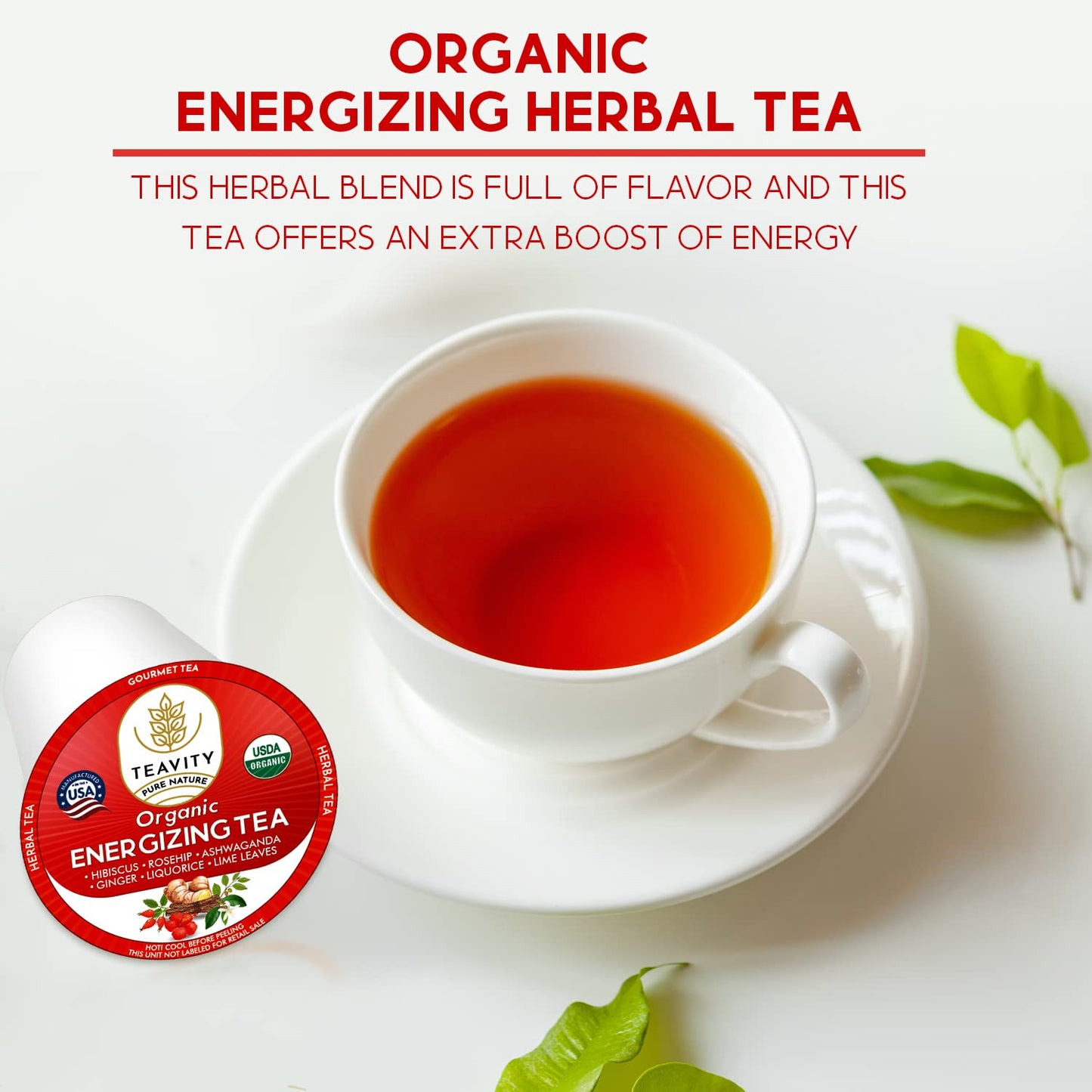 Organic Ashwagandha Tea Pods for Keurig with Ginger, Licorice, Organic Hibiscus Sabdariffa, Rosehip, &amp; Lime - Decaf Herbal Tea - Energizing Tea by Teavity (12 Count (Pack of 1), Organic Energizing Tea)