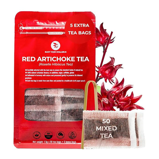 Injoy Your VITALGRI:N Roselle Hibiscus Tea Bags - 55 Count (+5 Tea Bags), Bamboo Tong Included - 4.16 oz, Re-Steep Red Artichoke Tea Herbal Blend