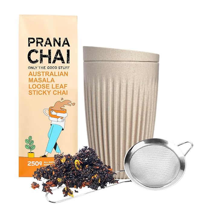 Prana Chai Original Masala Blend 250g + Huskee 12oz Cup with Lid + Stainless Steel Fine Mesh Strainer