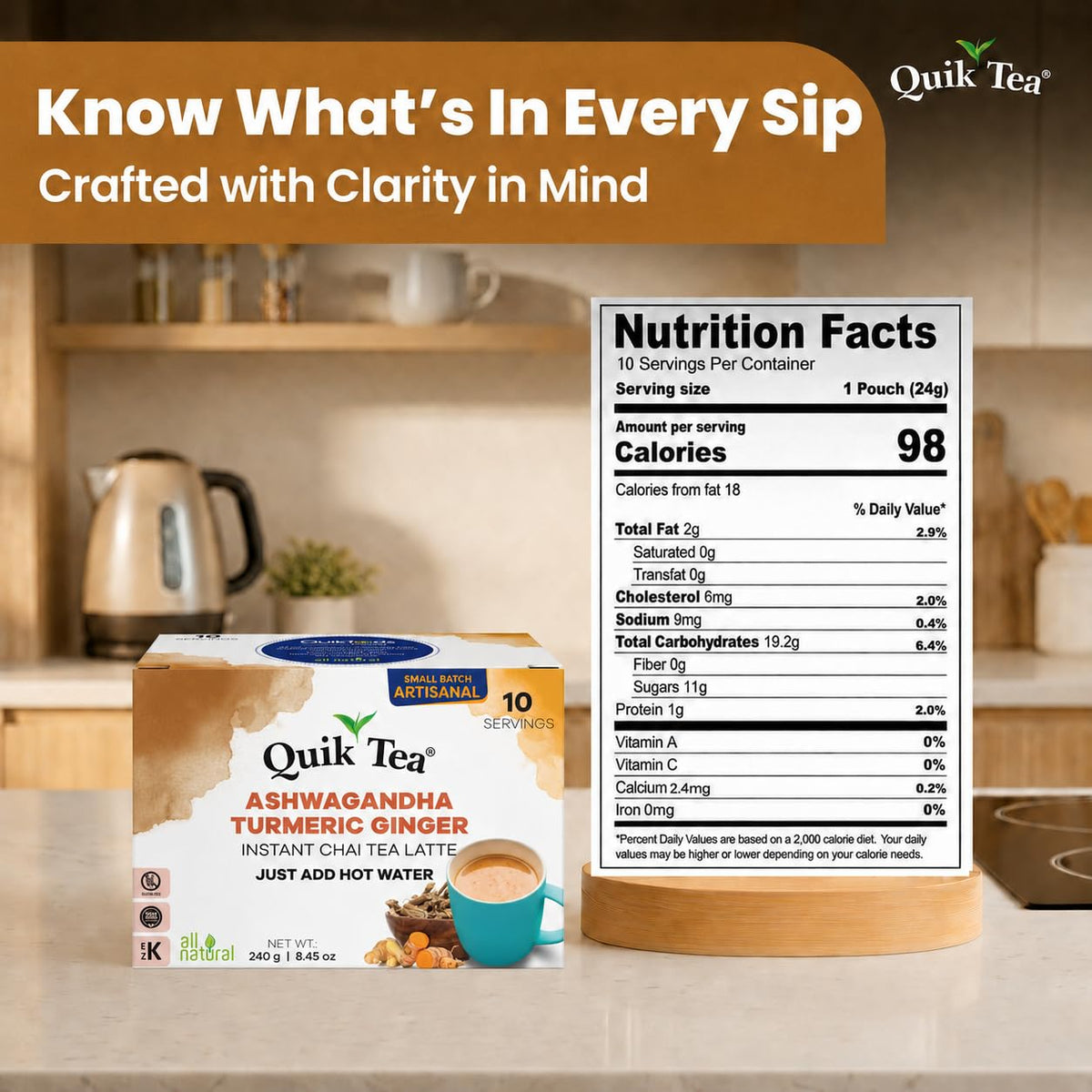 Quik Tea QuikTea Instant Chai Tea Latte Mix, Ashwagandha Turmeric Ginger, 10 Sachets