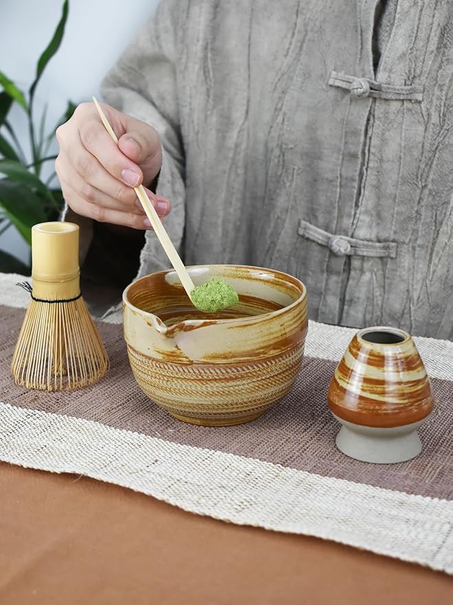 Matcha Tea Set – 4 Piece Traditional Japanese Matcha Kit with Beige & Brown Ceramic Spout Bowl, Whisk, Holder, Scoop & Guide
