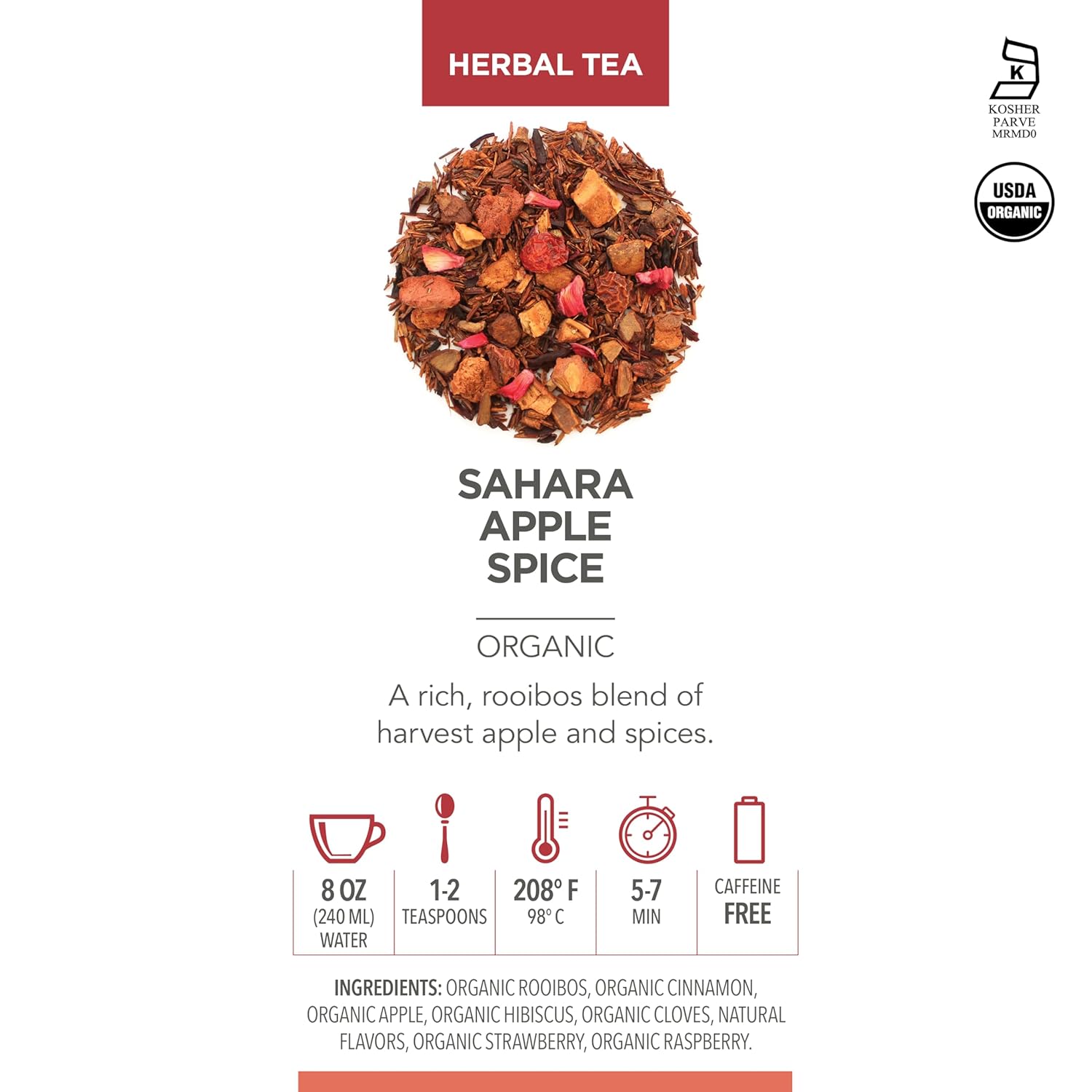 Teabloom Organic Herbal Tea, Sahara Apple Spice Loose Leaf Tea, Warm and Sweet Rooibos with No-Caffeine, Certified Organic, Fresh Whole Leaf Blend in Reusable Gift Canister, 3.88 oz/110 g Canister Makes 35-50 Cups