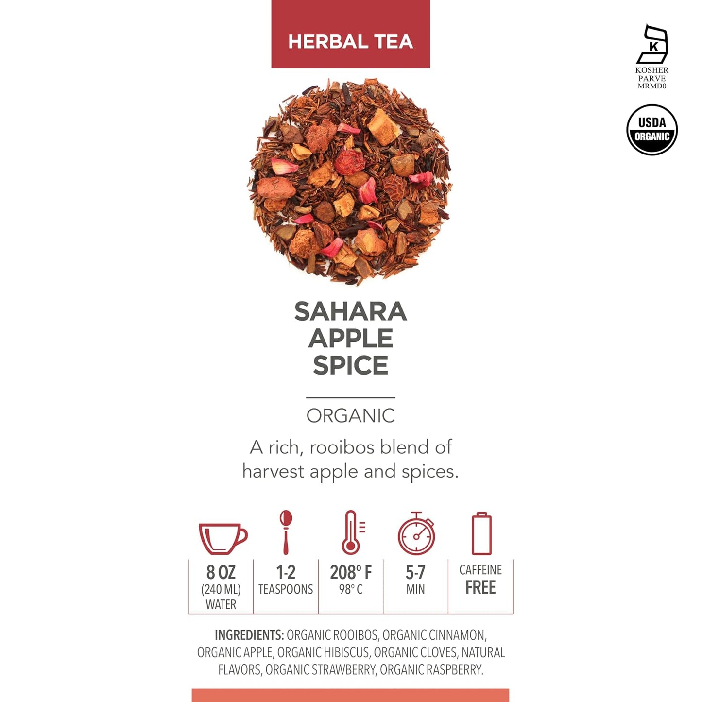 Teabloom Organic Herbal Tea, Sahara Apple Spice Loose Leaf Tea, Warm and Sweet Rooibos with No-Caffeine, Certified Organic, Fresh Whole Leaf Blend in Reusable Gift Canister, 3.88 oz/110 g Canister Makes 35-50 Cups