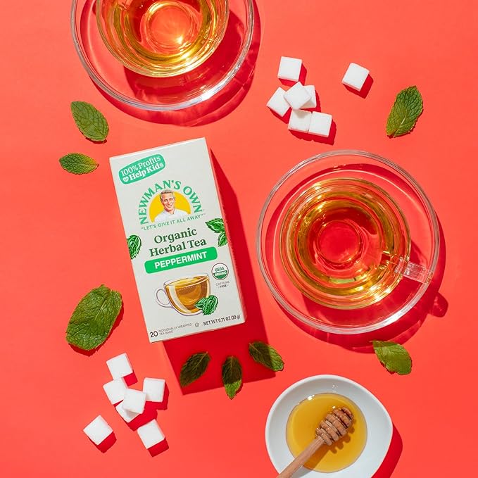 Newman's Own Organic Peppermint Tea Caffeine Free Refreshing Mint Herbal That May Aid Digestion with 20 Individually Wrapped Bags Per Box USDA