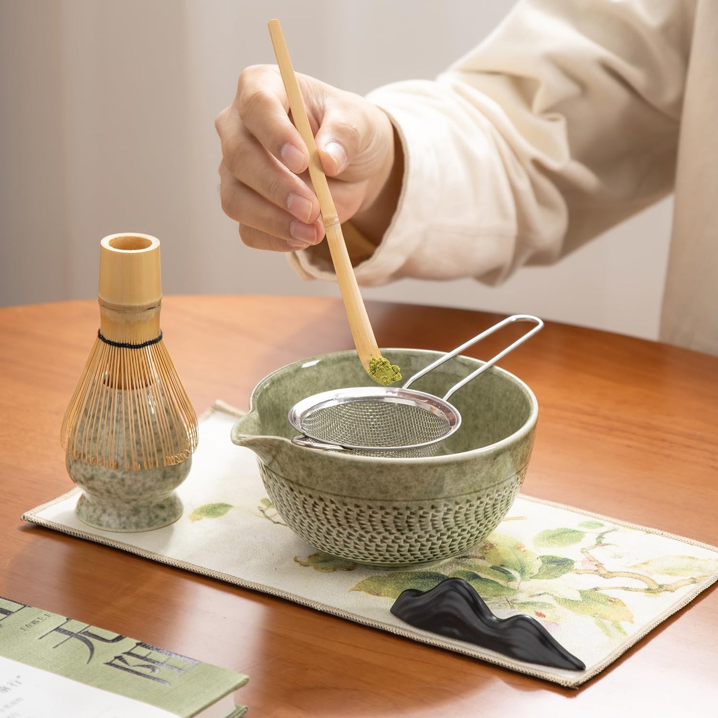 DWEHIXBUY matcha whisk set Ceremony Accessory, Matcha Whisk, Traditional Scoop (Chashaku), Tea Spoon, Whisk Holder, 1 tea bowl, 1 tea siev, 7pcs matcha set.matcha green matcha kit