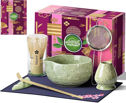 AANQQ Matcha Whisk Set: 7-PCS Matcha Set Whisk & Bowl Kit - 19OZ/560ml Ceramic Matcha Bowl with Spout - Matcha Starter Making Kit Ceremony Gift for Japanese Tea Lovers/Kitchen/Office (Green)