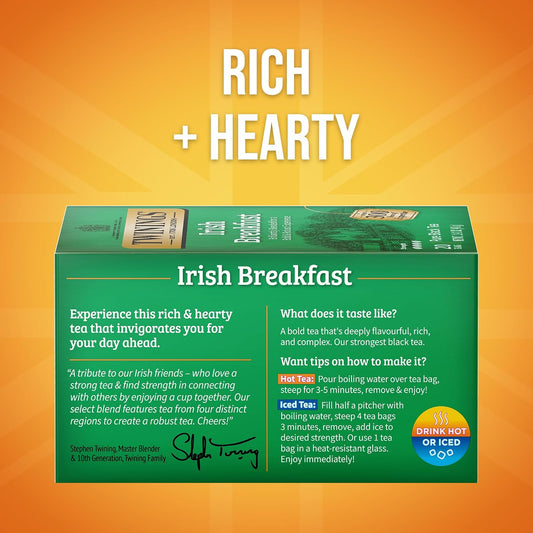 Twinings Irish Breakfast Black Caffeinated Tea Bags, 20 CT Box (6 Pack) | Our Strongest Black Tea, Rich and Bold, Naturally Caffeinated, 120 Foil Lined Individually Wrapped Bags, Enjoy Hot or Iced