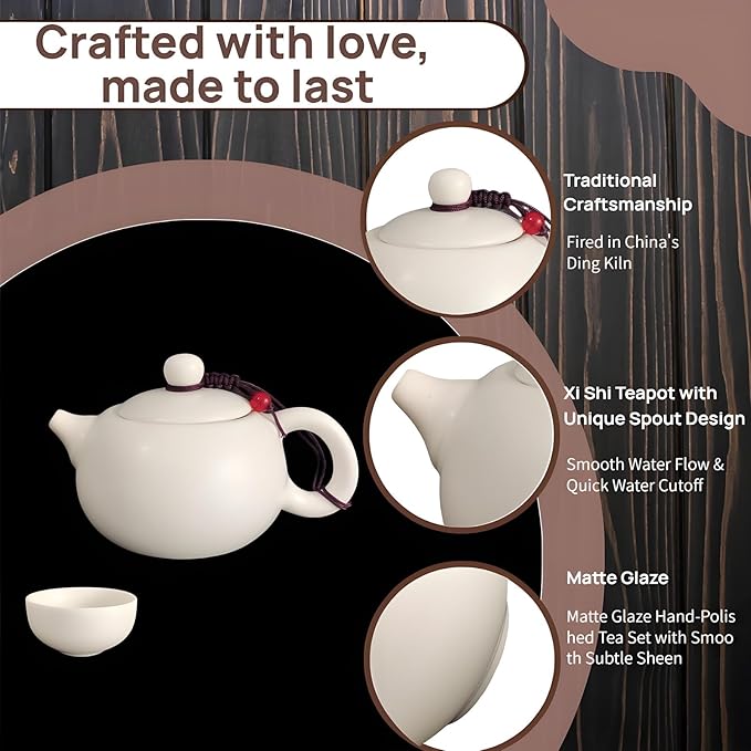 Portable Chinese Gongfu Tea Set - Handcrafted Ceramic Tea Set for Chinese/Japanese Tea Ceremony, Complete with Teapot & 4 Cups, Travel-Friendly Gift Set (White)