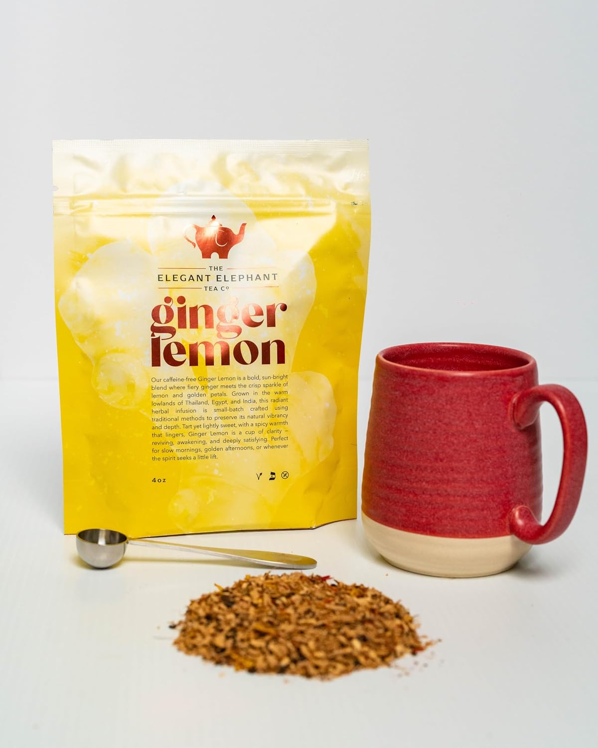 Ginger Lemon Tea, Loose Leaf Herbal Tea – Helps Reduce Nausea and Motion Sickness – Detox &amp; Immunity Support – Drink Hot or Iced – 4 oz Resealable Bag (Makes 50 Cups) – The Elegant Elephant