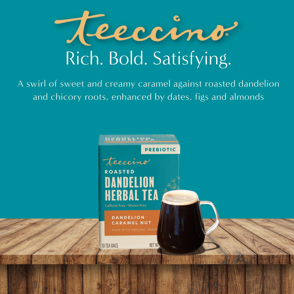 Teeccino Dandelion Caramel Nut Tea - 10 Tea Bags - Caffeine Free, Roasted Herbal Tea with Prebiotics, 3x More Herbs than Regular Tea Bags, Gluten Free