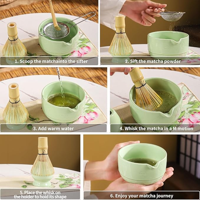 Matcha Set, 8-Piece Ceramic Matcha Bowl & Whisk Kit with Mushroom Pattern, Traditional Japanese Chawan, Bamboo Chasen, Scoop & Sifter, Gift for Tea Lovers, Zen Tea Ceremony Accessories (green)