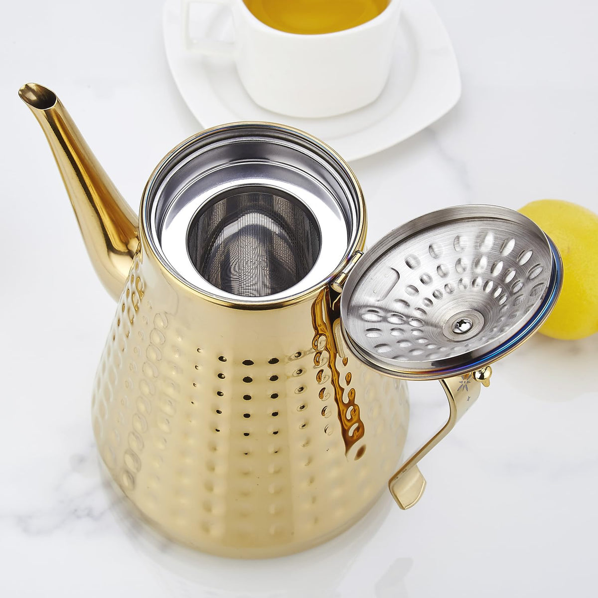 SANQIAHOME 1.8L(60oz) Stainless Steel Hammer Patterned Teapot With Removeable Infuser,Loose leaf cover,Gold