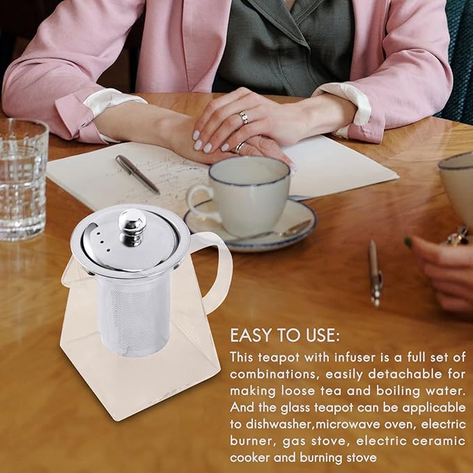 Square Glass Teapot with Infuser, 550 Ml Borosilicate Tea Pot with Strainer, Clear Leaf Tea Pots for Loose Tea
