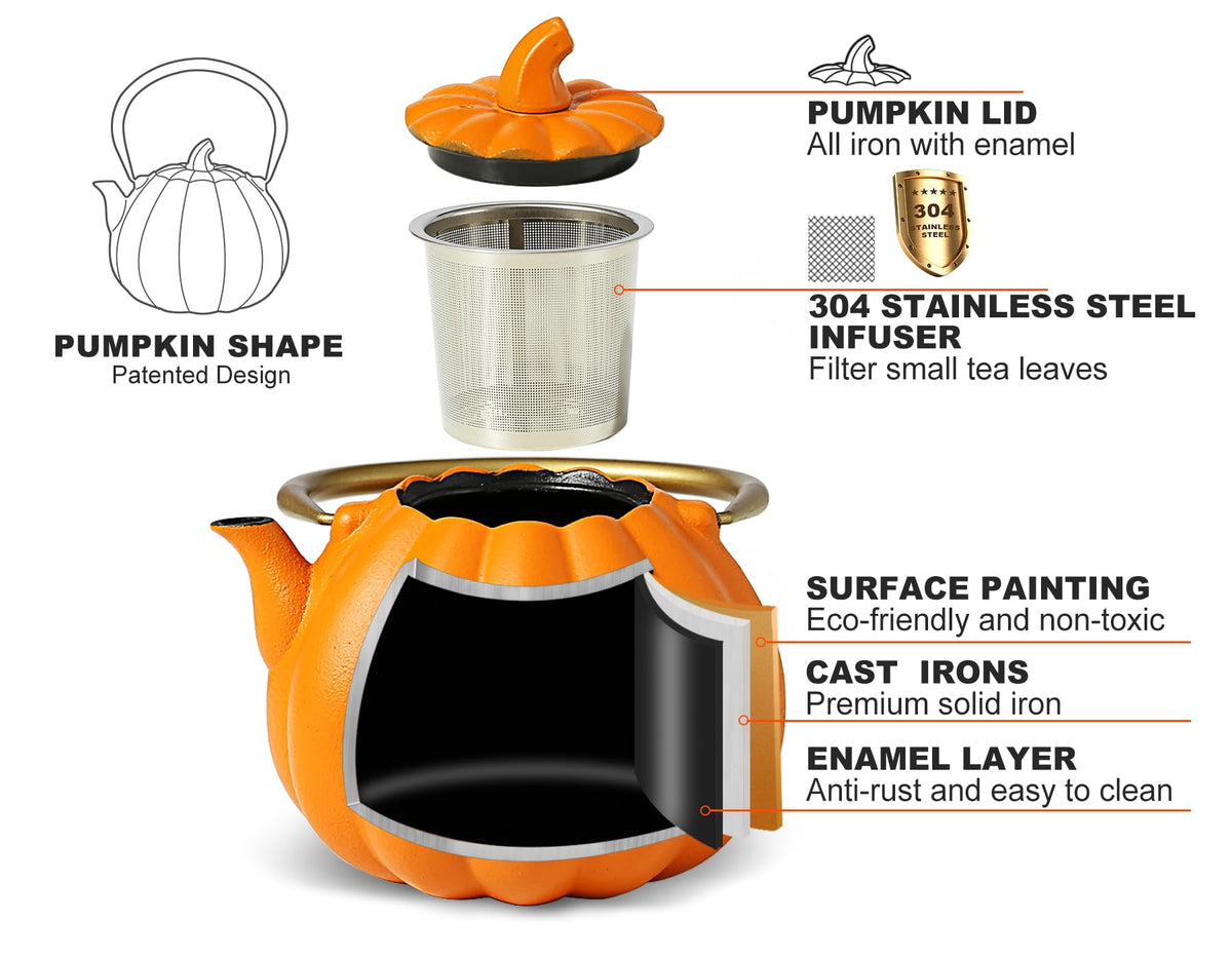 VICSKY Orange Pumpkin Cast Iron Teapot - Japanese Tetsubin Tea Kettle Stovetop Safe | Enameled Interior & Extended Infuser