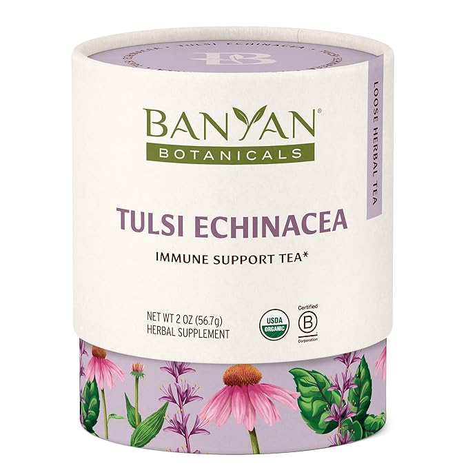 Banyan Botanicals Tulsi Echinacea Tea – Organic Immune Support with Turmeric & Rosehip – Caffeine Free Tea for Healthy Immune Function* – 2 oz