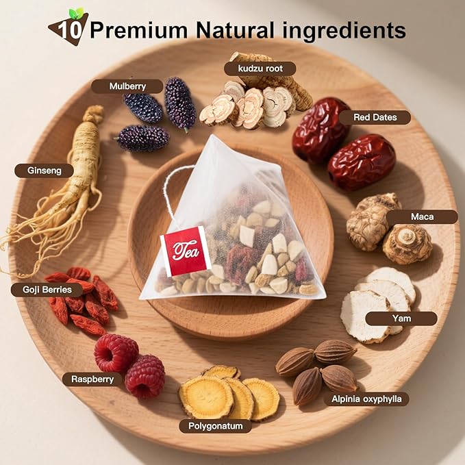 Ginseng Ten Treasures Tea, Premium Chinese Herbal Tea Blend with Ginseng, Goji, Red Dates & 7 More Herbs, Caffeine-Free Herbal Infusion, No Additives