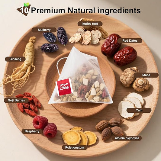 Ginseng Ten Treasures Tea, Premium Chinese Herbal Tea Blend with Ginseng, Goji, Red Dates & 7 More Herbs, Caffeine-Free Herbal Infusion, No Additives