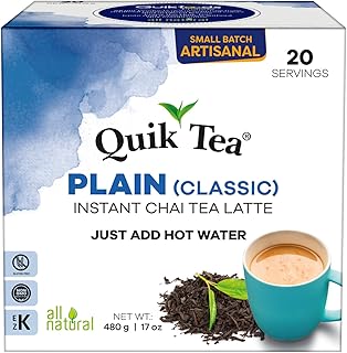 QuikTea Instant Plain Chai Tea Latte – 20 Count, pure chai taste, nothing more, nothing less, low Caffeine, No artificial colors, flavors or preservatives – Just Add Hot Water, Kosher, non-GMO