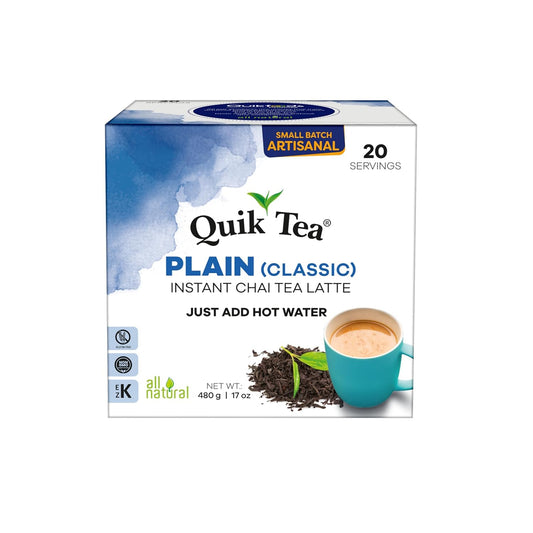 QuikTea Instant Plain Chai Tea Latte – 20 Count, pure chai taste, nothing more, nothing less, low Caffeine, No artificial colors
