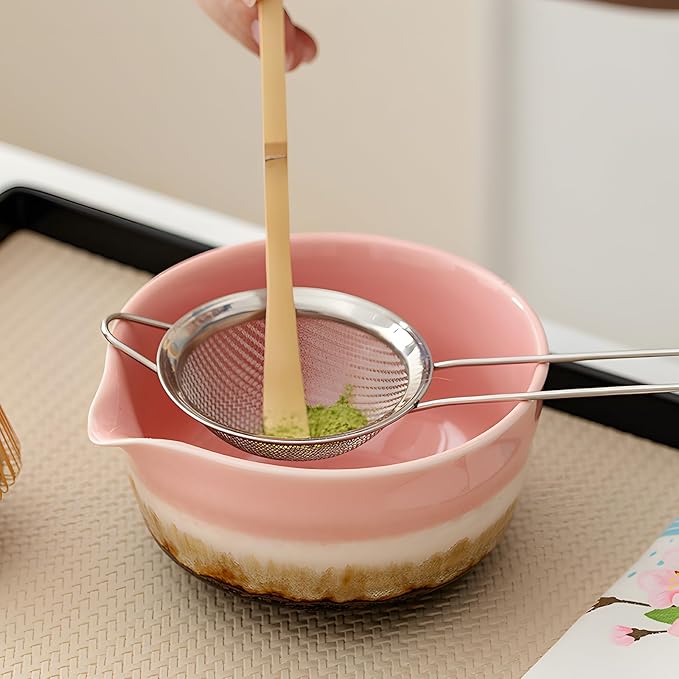 Pink Matcha Whisk Set, Ceramic & Bamboo Matcha Kit with Bowl, Whisk, Holder, Scoop, Sifter, Tea Towel Mat.Give gifts to family and friends