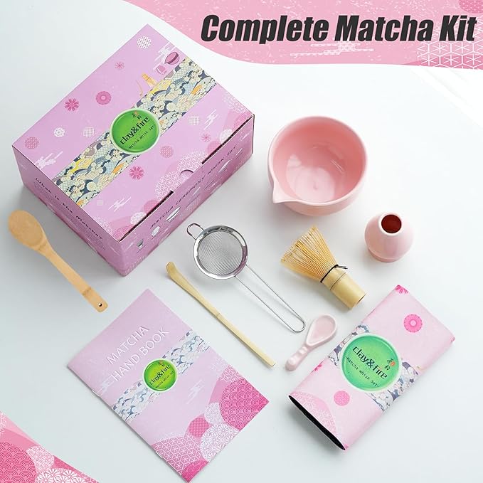Clay&Fire Matcha Whisk Set, 9 pcs Ceramic Matcha Set, Gifts for Women,Matcha Bowl with Spout and Whisk, Matcha Kit for Matcha Lovers