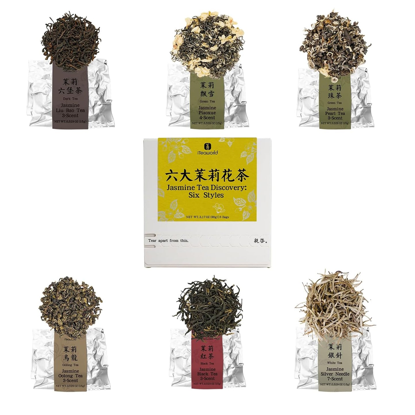 iTeaworld Jasmine Loose Leaf Tea Sampler,6 Chinese Jasmine Teas Gift 3.17oz | Up to 250 Cups|Green,White,Oolong,Dark,Black Tea Bases|No Added Sugar&amp;Artificial Flavoring|Naturally Scented Tea Gift Set